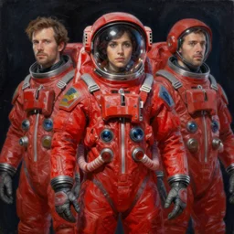 futuristic space explorer portraits. red astronaut suit. oil painting. unreal engine, artstation. mucha, dan mumford, josan gonzalez, victo ngai