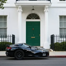 black car Infront of white house with a green door, photo, ultra realistic, 8k