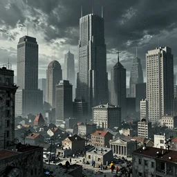 dead town with huge scyscrapers in style of Beksinski, 4k uhd, hyper realistic