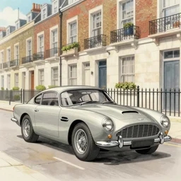 a pencil sketch of anaston martin db 5, in a rich london mews residential street, medium range, studio ghibli, ( pixar ) and disney animation, sharp, very detailed, unreal engine 5 render, bloom, high resolution, anime key art by greg rutkowski