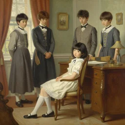 painting by frederic edwin church, balaskas christoper, conrad roset, coby whitmore, and chie yoshii. of a pretty cute kawaii japanese girl sitting on antique chair leaning against a desk, sideview, victorian room