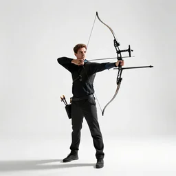 confident archer drawing bow, studio photography, full body, standing, isolated on a pure white background, centered, whole figure in frame, sharp focus, studio lighting