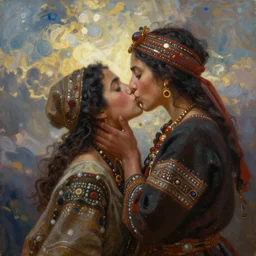 a beautiful oil painting of heaven's just a kiss away, bokeh, ethnic, in the style of delphin enjolras, ultrarealistic, dynamic lighting, artstation, hyper realism.
