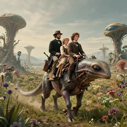 35mm still from a sci fi blockbuster movie made in 2022, set in 1860, of a family riding on the back of alien creatures, on an alien planet, across the alien landscape that is full of strange wild alien plants and flowers, family are wearing 1850s era clothes, steampunk, good lighting, 8k, in focus faces, good quality photography, oscar winner