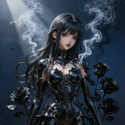 3 d, white and black smoke, sun rays, young dark mysterious woman cute anime model, liquid black metal, black roses, poster art, high detail, intricate oil painting, multiple exposure, deep blue mood, hyperrealism, 3 d, by tooth wu and wlop and beeple and greg rutkowski, 8 k, extremely detailed, trending on artstation