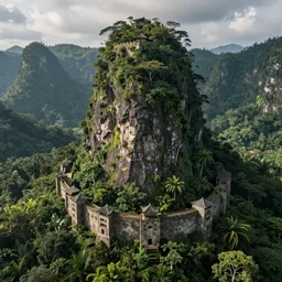 realistic jungle fortress high in the mountains, lush jungle, in the style Jordan grimmer, by national geographic