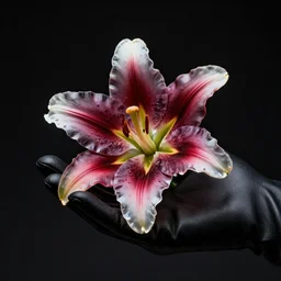 hand in a glove holds detailed surreal glass prism lily by chris wood, stunning, elegant deep colors, black background, 4 k photo, featured on behance