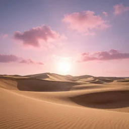 The sand dunes under the pink clouds backlit by the sun