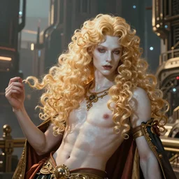 Beautiful 3d render of the pale blond androgynous prince in a sensual pose, long curly golden blond hair, baroque curls, very very pale white skin, atmospheric lighting, painted, intricate, volumetric lighting, beautiful, rich deep colours masterpiece, golden hour, sharp focus, ultra detailed, in the style of Dan Mumford and Johfra Bosschart, with a crowded futuristic cyberpunk city in the background, astrophotgraphy