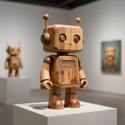 3 d, octane render, ultra, 8 k, photorealistic, a wooden sculpture on a pedestal, a cute robot wooden, concept art artwork masterpiece, in a contemporary art gallery