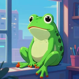 lofi art of a green frog with red lips sitting by the apartment window, cyberpunk theme, artstation, 4 k