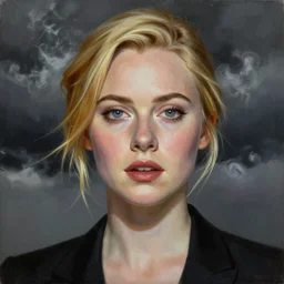 professional painting of Elle Fanning as 007 in the style of Scott Listfield and Andrew Wyeth, head and shoulders portrait, symmetrical facial features, smooth, sharp focus, illustration, intricate, stormy weather, extremely detailed masterpiece,