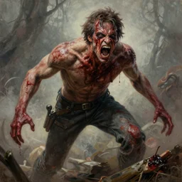 realistic portrait beautiful painting from scene in it movie, when human turned into bloody roar character game. horror, created by thomas kinkade and gustave courbet, fine draw, high detailed.