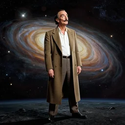 the full body shot of very arrogant salvador dali in the role of emperor of universe looking at the cosmic space | still frame from the prometheus movie by ridley scott with cinematogrophy of christopher doyle and art direction by hans giger, anamorphic bokeh and lens flares, 8 k, higly detailed masterpiece