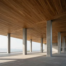 biophilic architecture wood roofs and concrete collumns bridge, minimalist