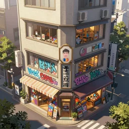 Orthogonal view of Tokyo storefronts with no people graffiti treasure town comics illustration digital art painting artstation depth global illumination GI AAA SSS