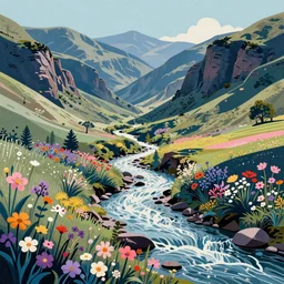 ( ( ( gediminas pranckevicius ) ) ) a small river flow through a valley of rolling mountain cliffs, flower garden summer morning, very coherent and colorful high contrast art bysyd mead floralpunk papercut grainy risograph, dark shadows, pastel color, hard lighting