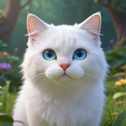 hyperrealistic image of fun, fluffy white cat with blue and green eyes, in a fairy garden, stunning 3 d render inspired art by greg rutkowski and xiang duan, pixar and disney, perfect facial symmetry, realistic, highly detailed attributes and atmosphere, dim volumetric cinematic lighting, 8 k octane detailed render, post - processing, masterpiece