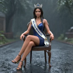 3 d unreal engine octane render of miss of the world sitting on the chair in the rain by vincent di fate