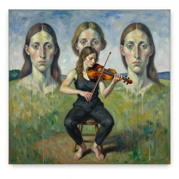 violinist thinking of her performance sitting on a stool in a landscape by vincent lefevre and hernan bas and pat steir and hilma af klint, psychological, photorealistic, symmetrical face, dripping paint, washy brush, threads, rendered in octane, altermodern, masterpiece