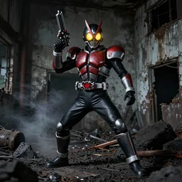 high fantasy demonic draconic gunslinger kamen rider standing in an abandoned coal mine at night doing a henshin pose, glowing eyes in helmet, glowing eyes, dirty walls, broken pipes, muted colors, tense atmosphere, mist floats in the air, cinematic values, sharp focus, 8 k, rubber suit, pvc armor, dramatic lighting, frank frazetta