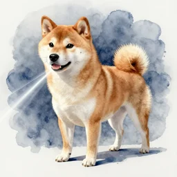 shiba inu, pinterest, artstation trending, behance, watercolor, by coby whitmore, silver, laser light,
