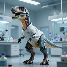 a cyberpunk cyborg velociraptor in a lab suit, photorealistic, 3D, 4K, coherent like Dall-E 2