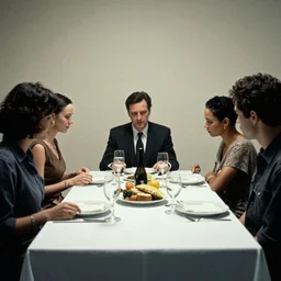 a dinner scene within the Nostromo by Ridley Scott, Alien movie, grainy, bluish and cream tones
