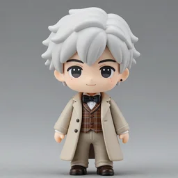 aziraphale from good omens in nendoroid style, nendoroid, finely detailed features, good omens tv series, white curly short hair, beige suit, long coat, brown tartan vest, bow tie, high detail, michael sheen