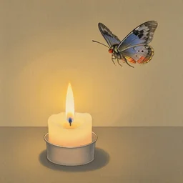 japanese painting of a lit candle and a flying moth,