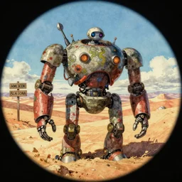 wholesome animation key shot, fish eye lens, intricate, parka explore robot schwerer gustav!!!!, desert, signs, ambient occlusion, studio ghibli, pixar, disney concept art watercolor illustration by alena aenami, bloom!!! dramatic lighting, alphonse mucha, blue sky, shadows