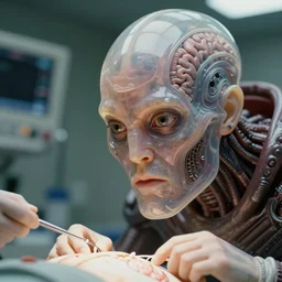 beautiful hyperrealism three point perspective film still of  medical face hugger brain surgery scene in Aliens(1990) extreme closeup portrait in style of 1990s frontiers in translucent porclein miniature street photography seinen manga fashion edition, miniature porcelain model, focus on face, eye contact, tilt shift style scene background, soft lighting, Kodak Portra 400, cinematic style, telephoto