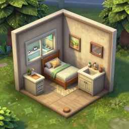 fps screenshot of a small house, a bed, kitchen, bathroom,, overhead view, sims