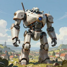 giant dieselpunk robot stands on a hill above a small town, highly detailed, digital painting, artstation, concept art, smooth, clear focus, illustrations, works by Jakub Rozalski,