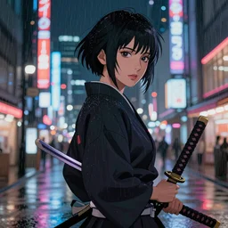 beautiful asian woman with katana, short black hair, in Tokyo, city background, rainy night, neon glow concept art, sharp focus, intricate, digital painting, artstation, official media, anime key visual, highly detailed, rich vivid colors ambient lighting, illustration, art by Artgerm, Makoto Shinkai, Ilya Kuvshinov, Lois Van Baarle and Rossdraws