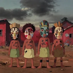 a film still from Triplets of Belleville, 4 kids wearing African tribal masks with graffiti war paint stand together ready for battle in an open field in the middle of an African favela , medium shot, waist up, studio Ghibli, Pixar, Disney and animation anime key art by anime key art by Ian McQue, ilya kuvshinov and Greg Rutkowski, Bloom, dramatic lighting global illumination, muted red and grey