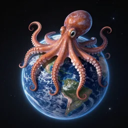 a huge octopus is on top of the planet earth in space artstation realistic,