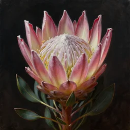 stunning canadian godess princess, detailed pink and white protea head peace against a black backdrop by ivan aivazovsky, wlop, super sharp details, photorealism, 5 0 mm lens, oil painting, beautiful soft lighting, muted colours, artstation
