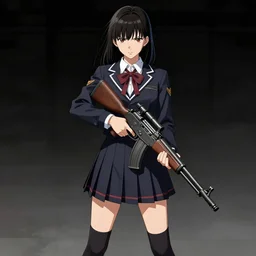school girl holding a sniper rifle, school uniform, seifuku, pleated miniskirt, overknee socks, battle angel alita. by rembrandt 1 6 6 7, illustration, by konstantin razumov
