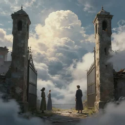 spirits waiting in the slums just outside the pearly - gates - of - the kingdom - of - heaven - in - the - clouds, digital art