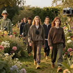 A photoshoot for a Yeezy x Golf Le Fleur runway line, 8K concept art, dreamy, garden, bushes, flowers, golden hour, vintage camera, detailed, UHD realistic faces, award winning photography, cinematic lighting