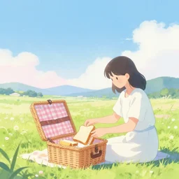 landscape, a girl unpacking her picnic basket, a blt sandwich, gentle gradients, sunlit, blue sky, japanese countryside. green and pink and blue, happy pastel watercolour