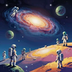 aliens, astronauts, alien world, galaxy in the sky, bright colors, wide angle shot, vector art, by larry elmore