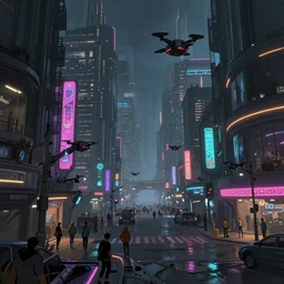 concept art environment design of dystopian cyberpunk city with neon lights, people on the streets being monitored by drones, trending on artstation, painted by dreadjim, eddie mendoza, wlop
