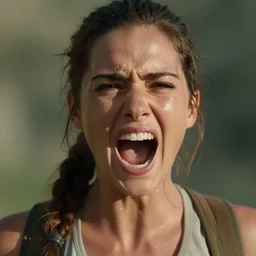 a film still of lara croft screaming, her face sweat, direct sun light, close up potrait, cinematic,
