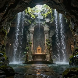 man-made underground dungeon interior with low ceiling and stone walls, waterfalls and mould, a large altar in the center; detailed, best on artstation, raymond swanland, bayard wu, cosmic, epic, stunning, masterpiece