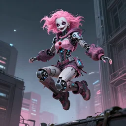 cyber robot creepy clown ghost in the shell girl pink hair jump from a building, tears from the eyes, wearing cyberpunk intricate streetwear, beautiful, detailed portrait, intricate complexity, ilya kuvshinov, cell shaded, 4 k, concept art, by wlop, ilya kuvshinov, greg rutkowski