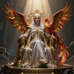 sorceress with her pet phoenix sitting on a throne