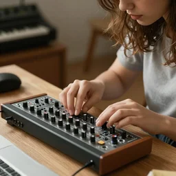 a girl playing on modular synth professional photo