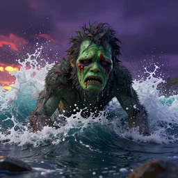 the pain is splattered on the sad monster's green face while huge waves crash against him, water sprays into the air, moody dark purple sky, hints of red and yellow, fantasy, unreal engine